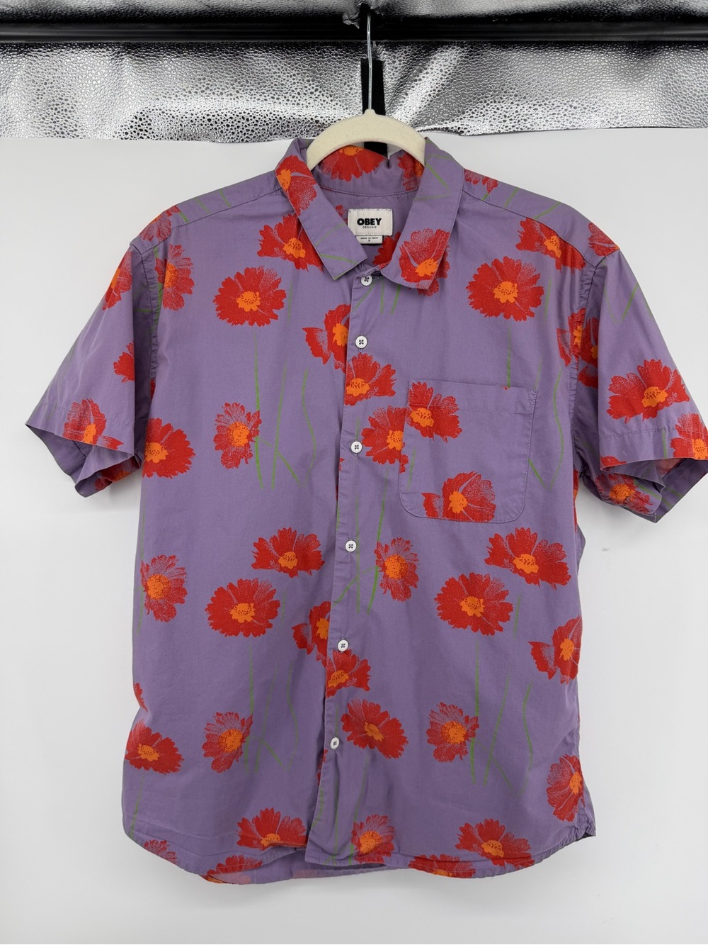 Obey Skater Streetwear Indie Purple Short-Sleeve Red Floral Print Shirt SzS